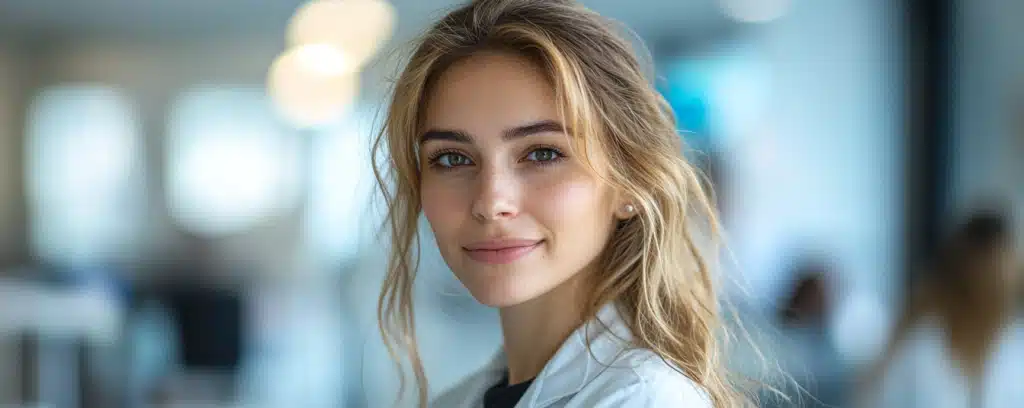 Clinical psychologist with long hair smiling in a professional setting, wearing a white coat.