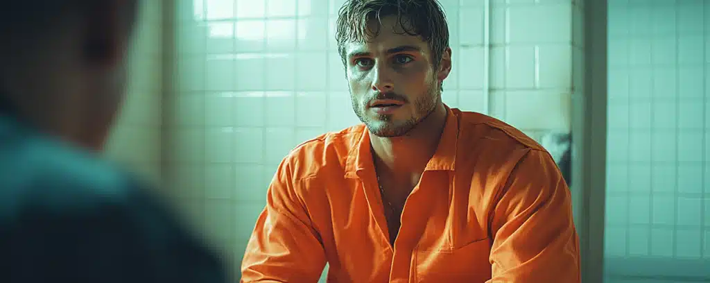 A suspect in an orange jumpsuit sits at a table in a room with tiled walls, looking towards a criminal psychologist.