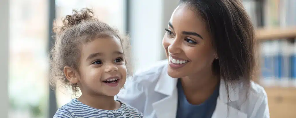 A smiling clinical social worker in a white coat with a happy child in a striped shirt in a bright room.