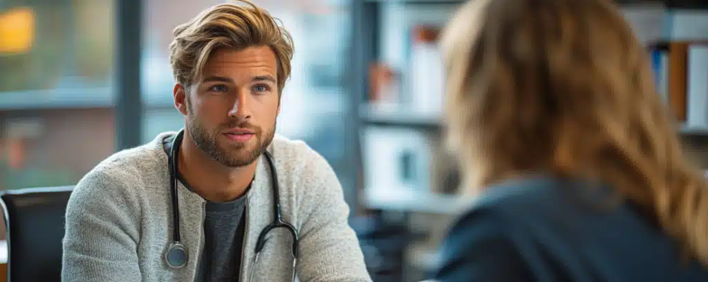 A psychologist with a stethoscope listens attentively to a patient in an office setting.