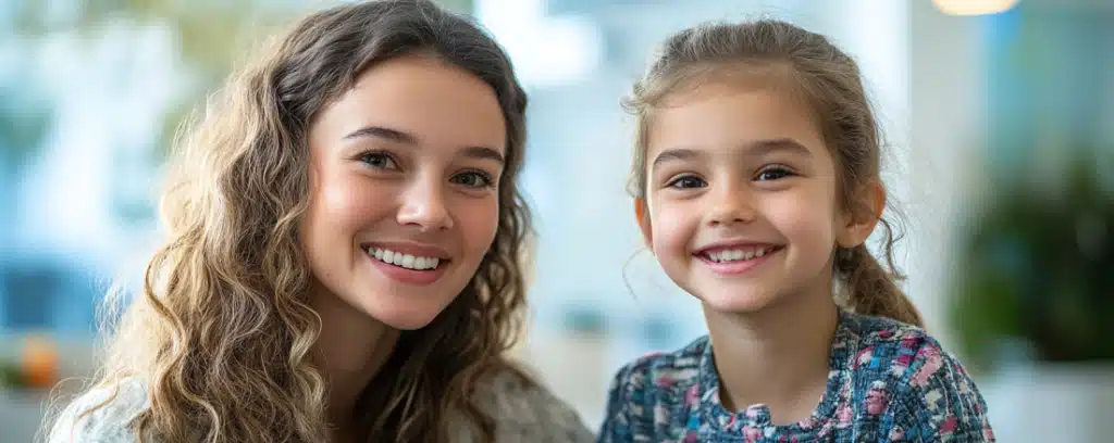 A child psychologist and a young girl with curly hair smile brightly in a warmly lit room.