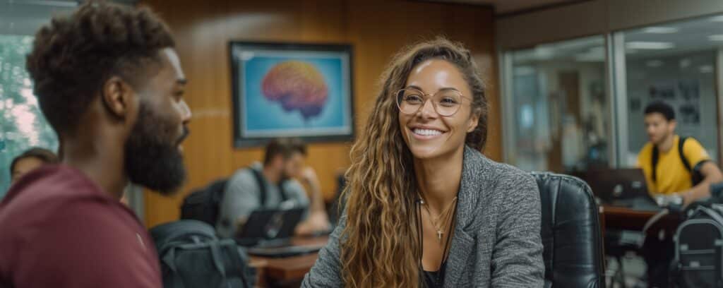 Two students talk and smile in a study area, with others working on laptops in the background.