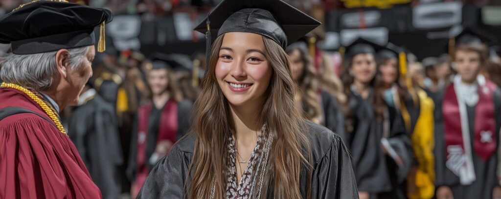 Young woman in graduation cap and gown smiles at ceremony, surrounded by other graduates and faculty.