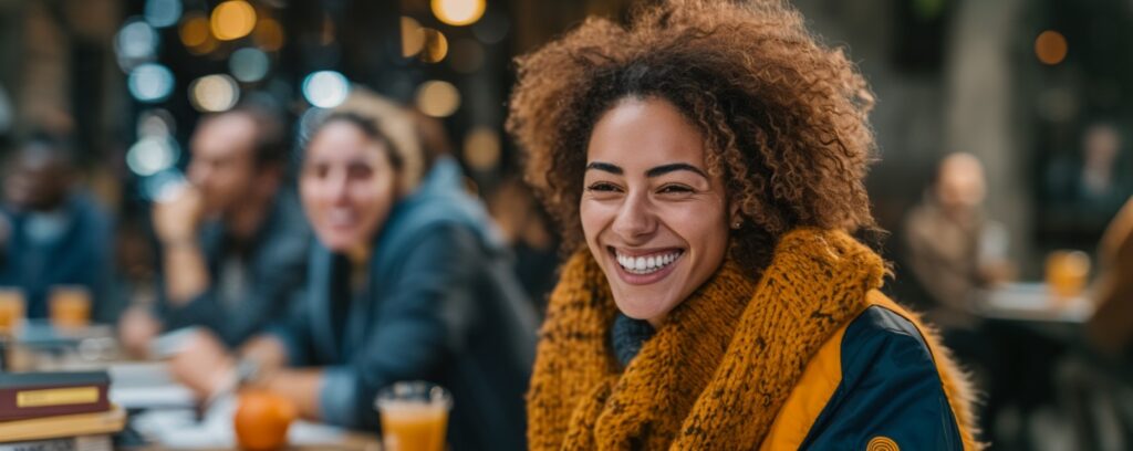 A woman with curly hair and a yellow scarf smiles while sitting at a table in a lively classroom.