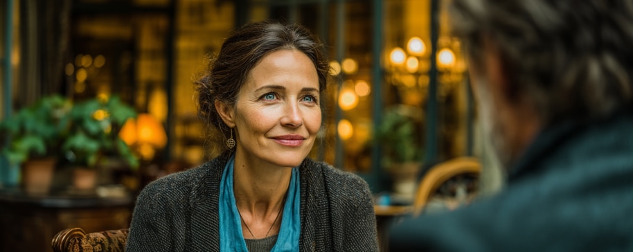 Woman with blue eyes and brown hair smiling at someone across a table in a warmly lit indoor setting.