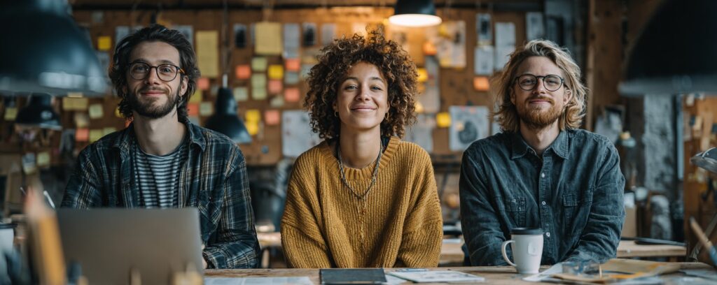 Three young adults smiling while sitting at a desk in a cozy, creative workspace with notes on the wall behind them.
