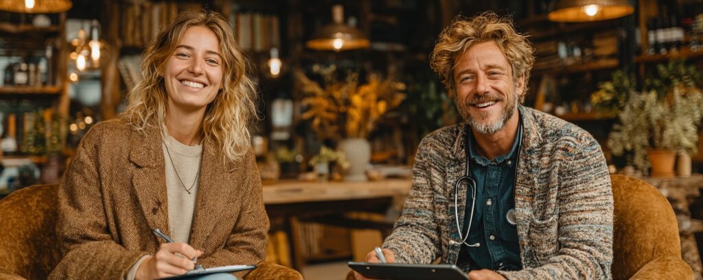 Two people smiling and sitting indoors, one holding a notebook, the other with a stethoscope and clipboard.