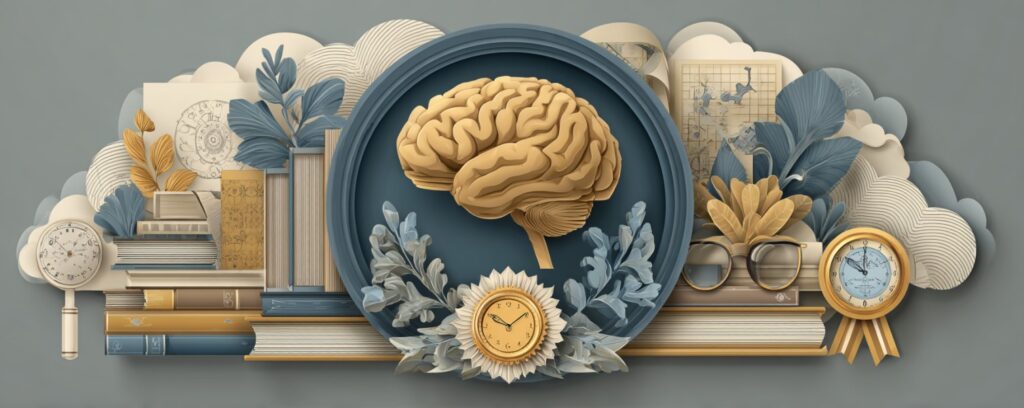 A stylized brain surrounded by books, clocks, glasses, plants, and clouds in muted colors.