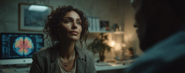 A woman in an office talks to someone, with a brain scan image displayed on a computer behind her.