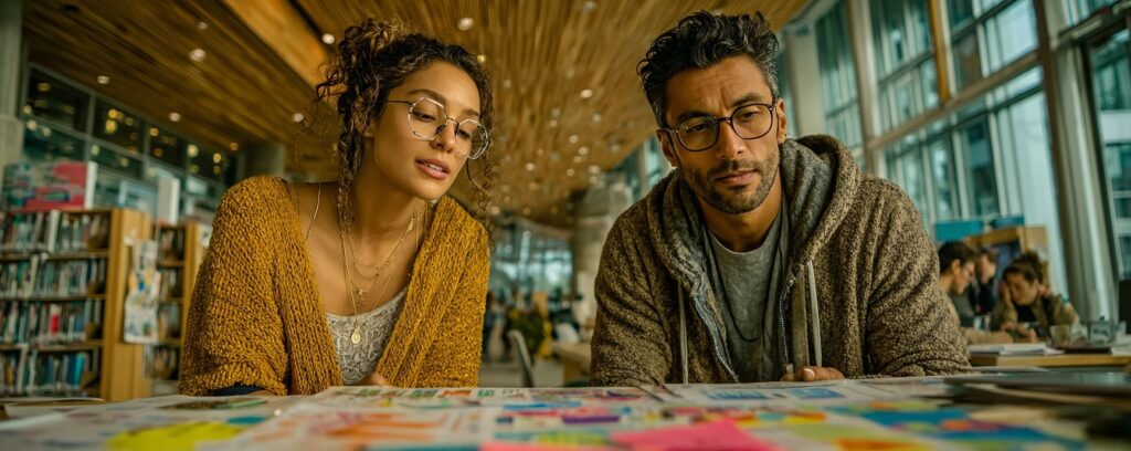 Two people in glasses study colorful papers at a table in a modern library with wooden ceiling.