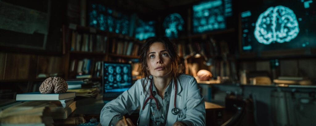 A focused doctor in a lab studies brain scans displayed on monitors, surrounded by books and brain models.