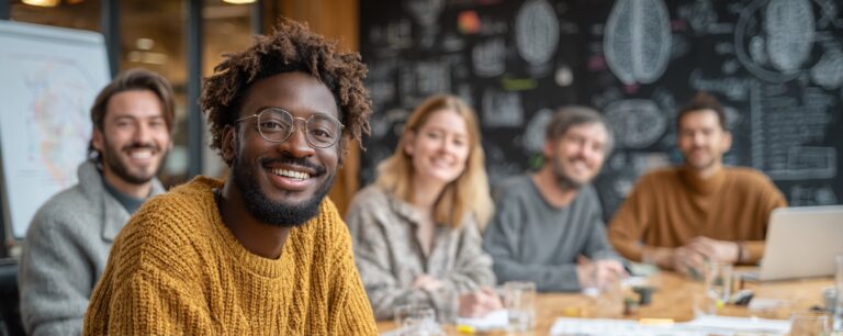 Five smiling people sit at a table in a modern office with a chalkboard wall in the background.