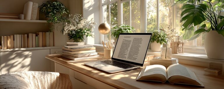 A sunlit home office with a laptop, open book, and potted plants on a wooden desk by a window.