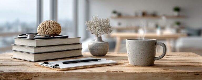 A desk with books, a brain model, stethoscope, clipboard, pen, mug, and a small vase in a bright room.