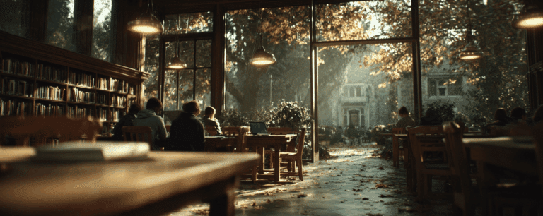 People studying in a sunlit library with large windows overlooking a leafy garden and historic buildings outside.