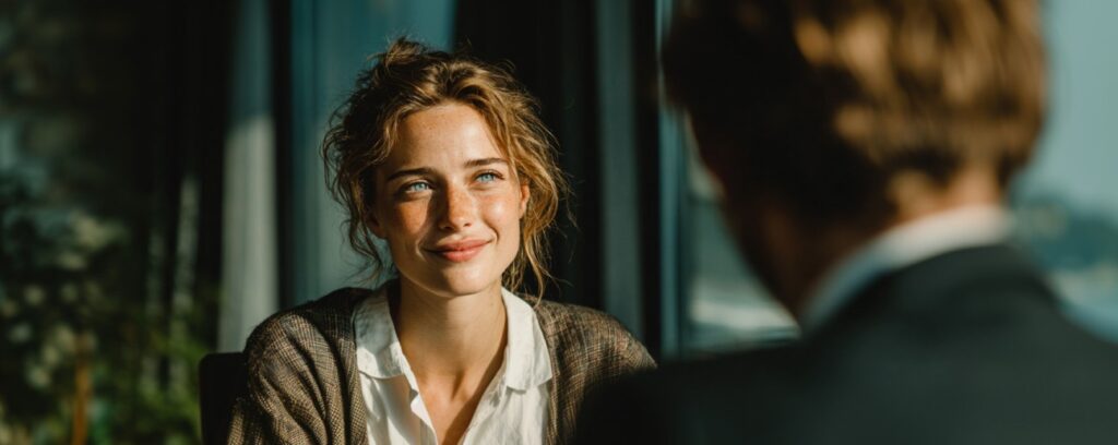 Smiling woman with wavy hair listens to a man during a conversation in a sunlit room.