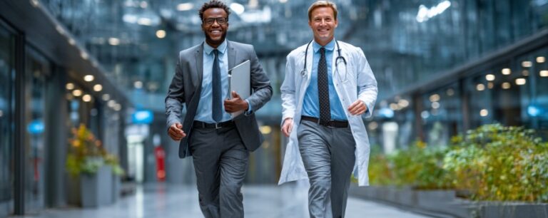 Two smiling doctors walk side by side in a modern building with glass walls and plants.