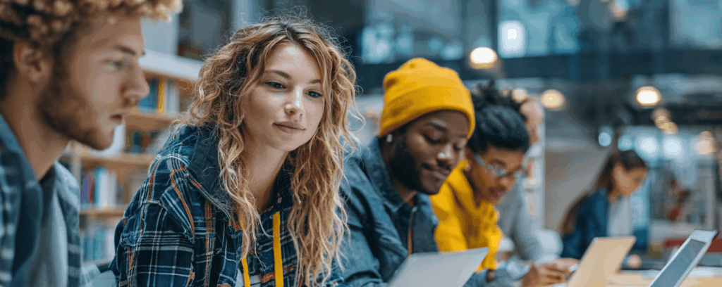 Group of young adults sitting in a row, working on laptops in a modern, well-lit study space.