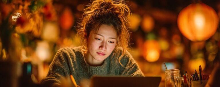 Woman with long hair in a cozy room, focused on her laptop with warm lights in the background.