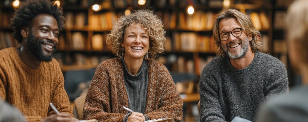 Three adults sitting together, smiling, and taking notes in a cozy, warmly lit library or study space.