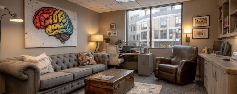 Modern office with a sofa, armchair, desk, large window, and colorful brain artwork on the wall.