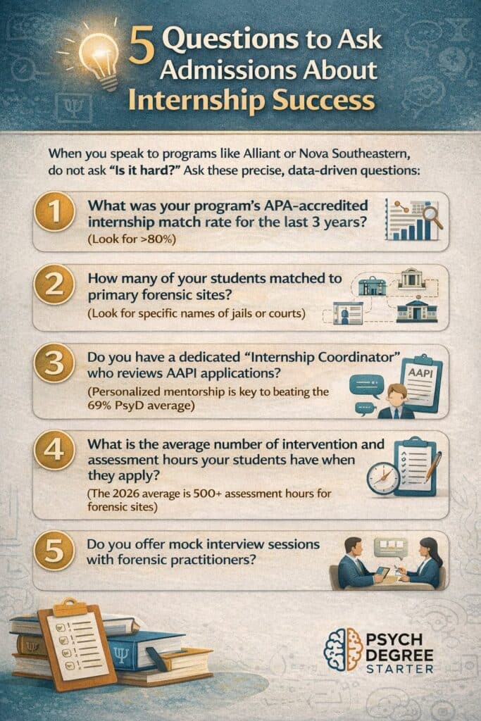 Infographic listing 5 key questions to ask PsyD program admissions about internship success in forensic psychology programs.