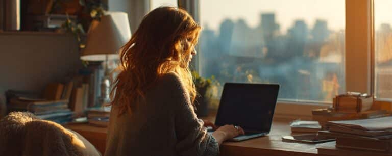 Woman working on a laptop at a desk by a window with sunlight streaming in and a cityscape view outside.