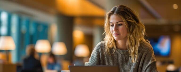Young woman with wavy hair working on a laptop in a warmly lit library or café-style setting.
