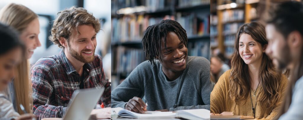 Young adults sitting together in a library, studying and smiling in a group setting.