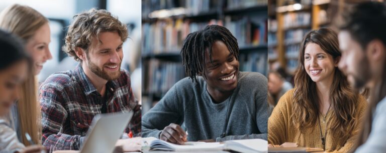 Young adults sitting together in a library, studying and smiling in a group setting.