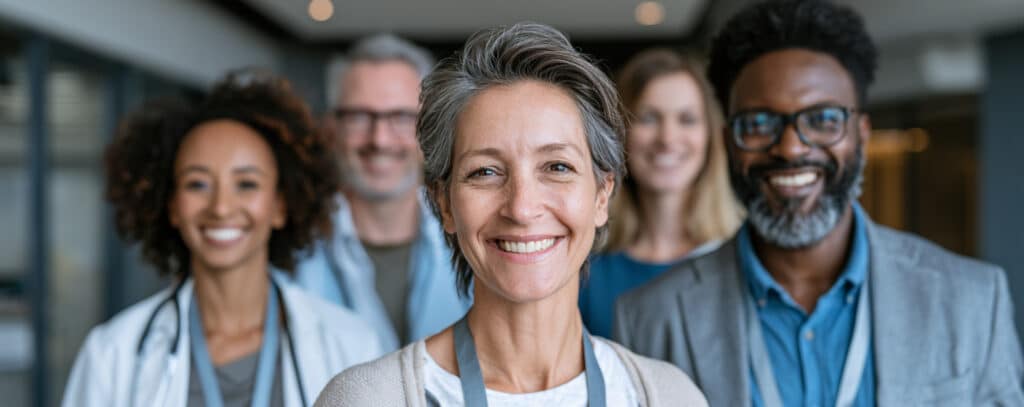 A diverse group of smiling professionals standing together in an office setting.