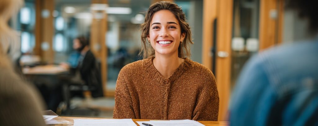 Smiling woman in a brown sweater sits at a table with papers, in a bright office setting.