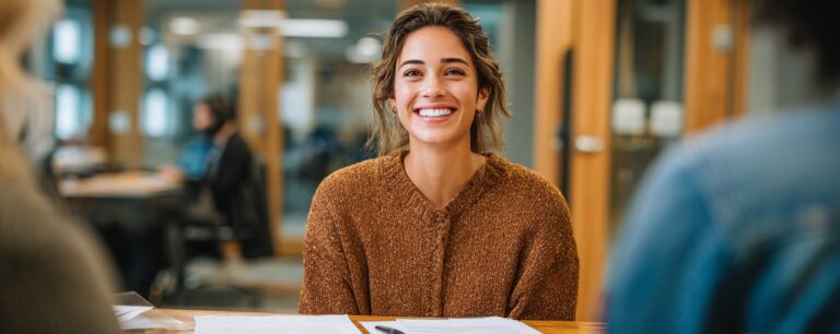Smiling woman in a brown sweater sits at a table with papers, in a bright office setting.