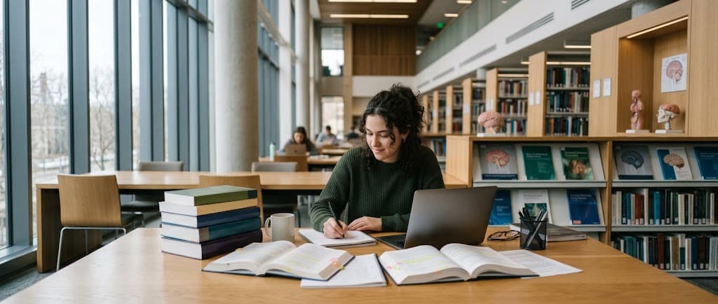 Woman studying with books and a laptop at a library table, with shelves and windows in the background.