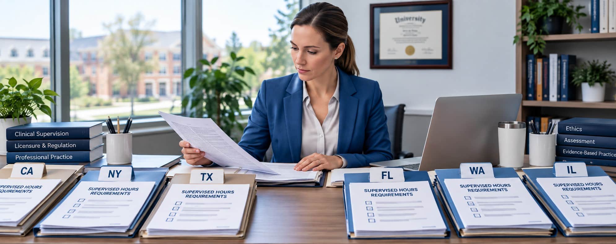 Woman at desk reviewing documents, folders labeled with state abbreviations and supervision requirements.