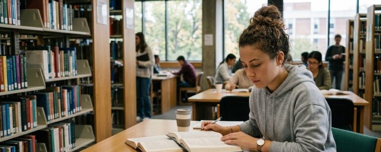 A woman studies at a library table with books and a coffee cup; others are reading in the background.