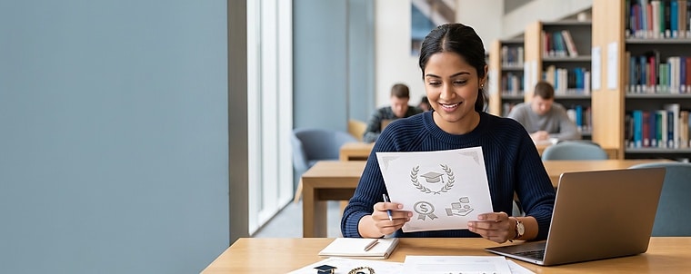 Woman studying at a library table with a laptop, notebook, and looking at financial documents