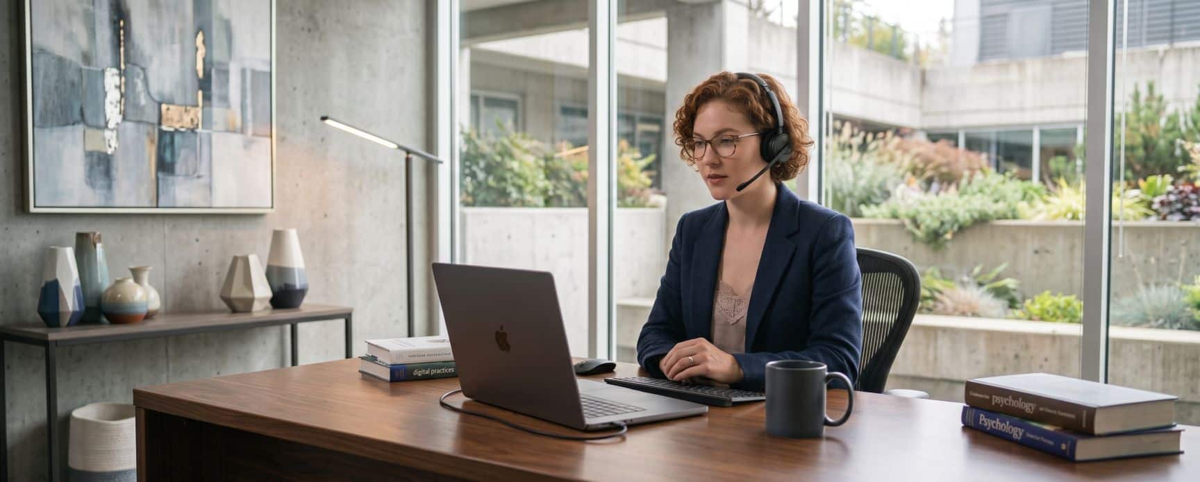 Woman with headset sits at desk using a laptop in a modern office with large windows and books.