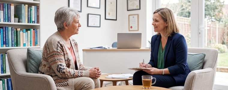 A psychologist and an elderly woman sit in an office, both smiling, with bookshelves and certificates in the background.