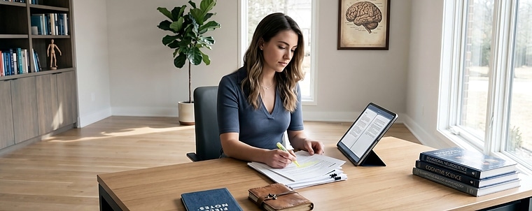 Woman highlights papers at a desk with books, tablet, and plant in a bright office.